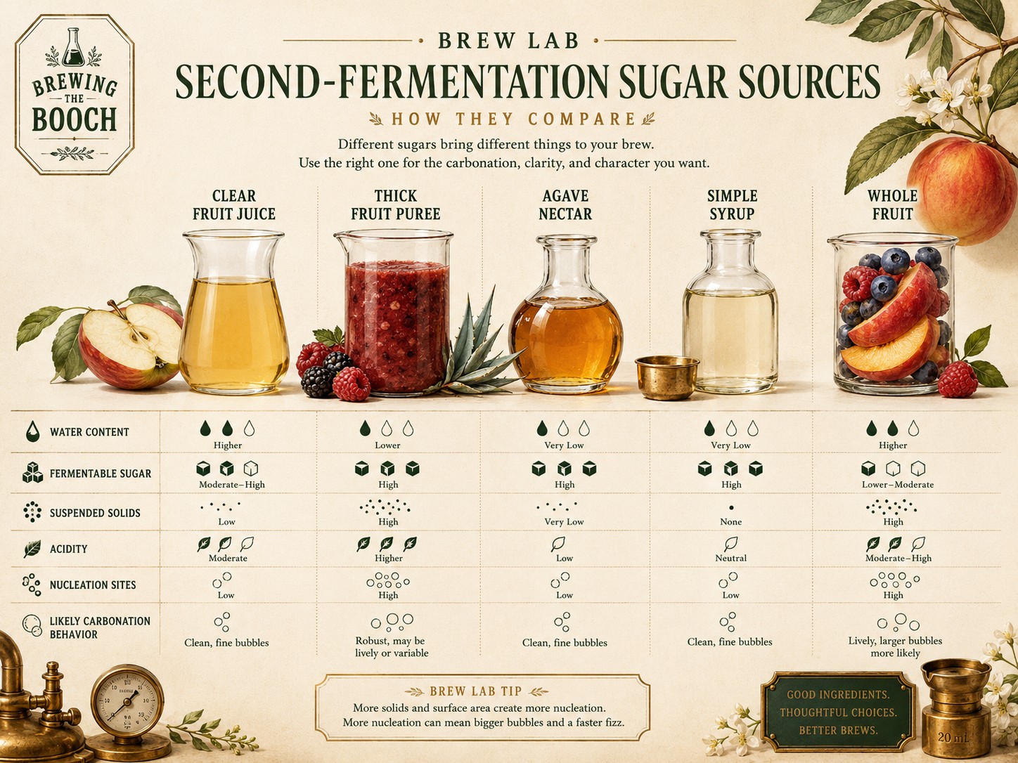 A Brew Lab comparison of fruit juice, fruit puree, agave nectar, simple syrup, and whole fruit as second-fermentation sugar sources