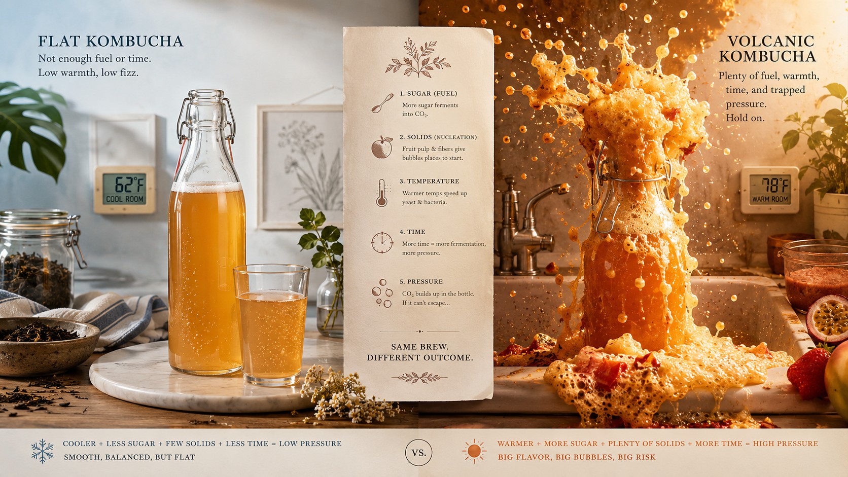 Split editorial illustration showing a flat bottle of kombucha on one side and an erupting puree-flavored bottle on the other