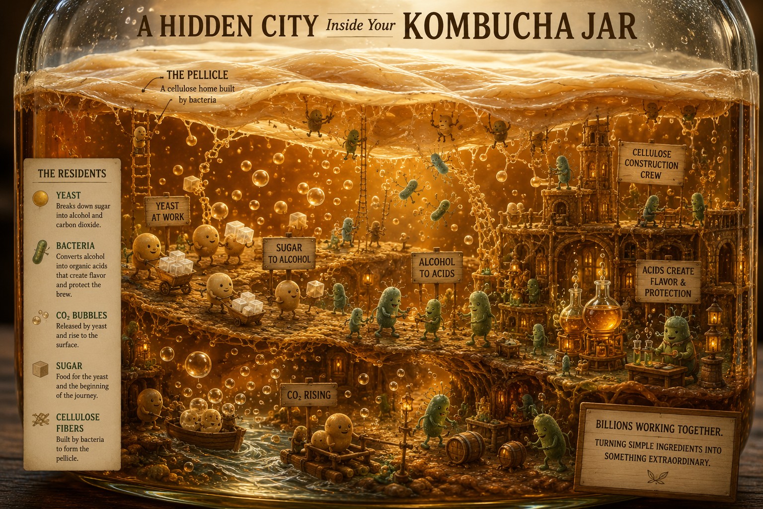 Whimsical scientific illustration of a microscopic city inside a jar of amber kombucha, with yeast and bacteria carrying sugar and building cellulose