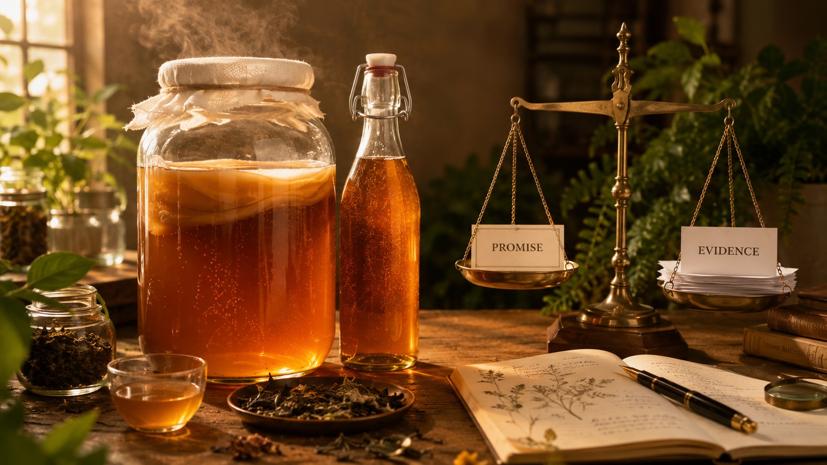A bottle and fermentation jar of kombucha arranged on a warm botanical laboratory table beside a notebook weighing evidence and health claims