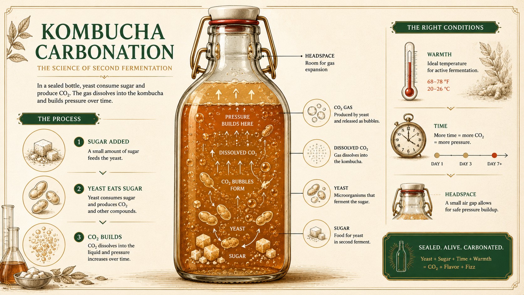 Illustrated kombucha bottle cross section showing sugar, yeast activity, and rising carbon dioxide pressure during second fermentation
