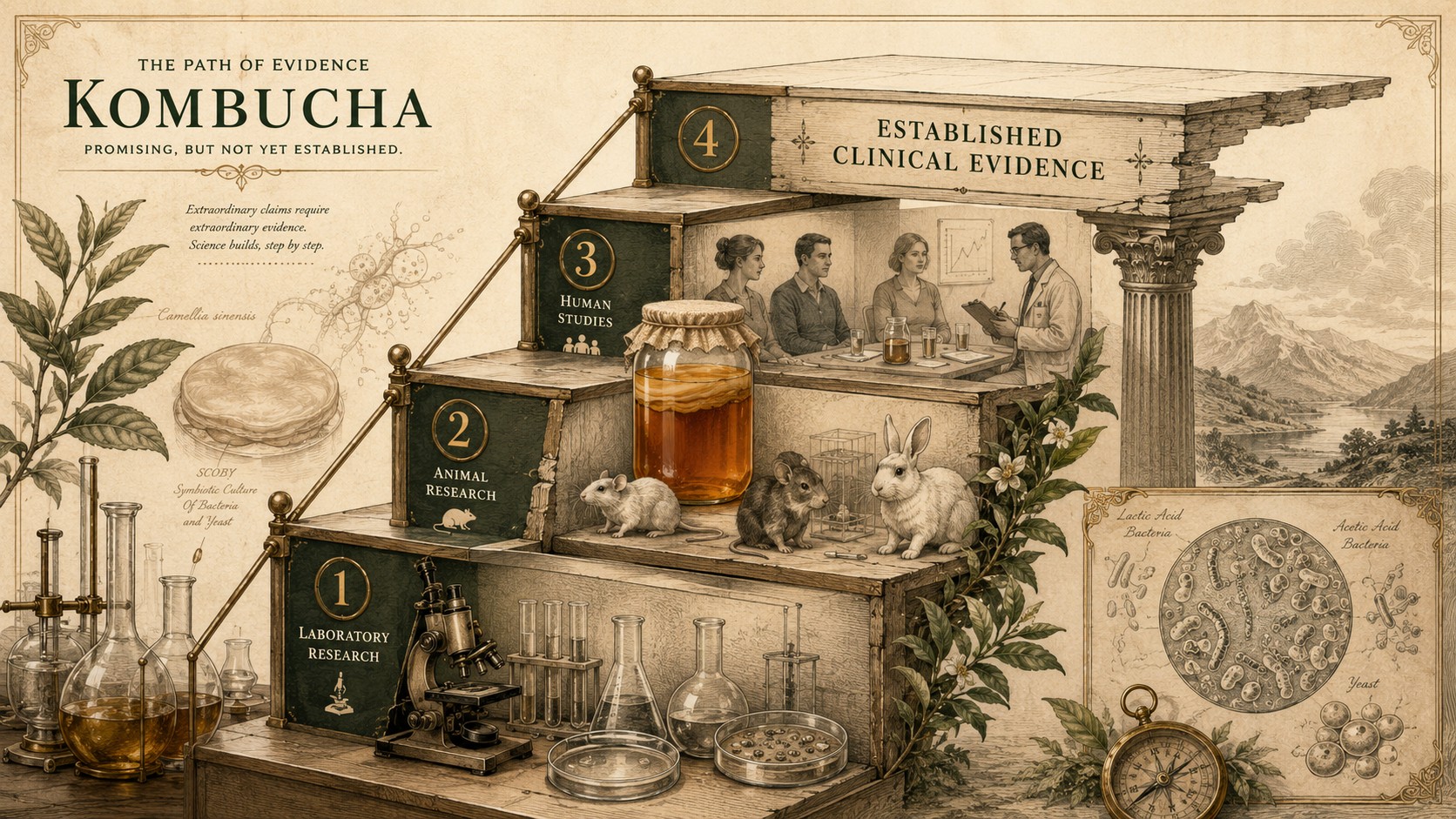 Editorial illustration of an evidence ladder rising from laboratory glassware and animal studies to small human trials and established clinical evidence