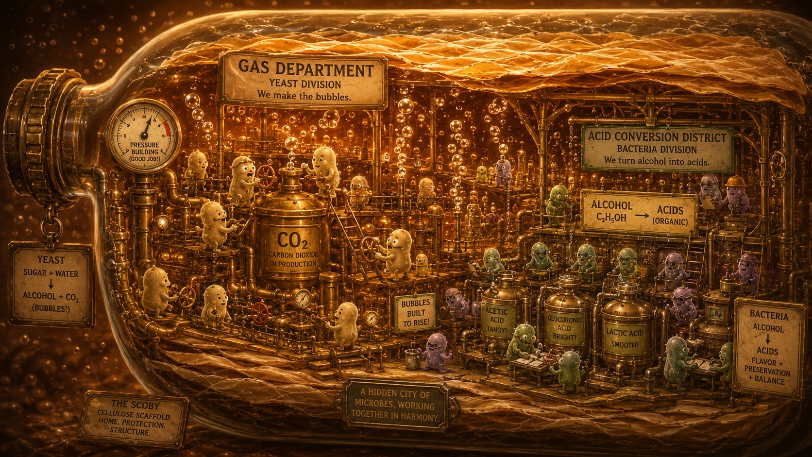Hidden City illustration showing yeast in a kombucha jar operating the gas department while carbon dioxide bubbles rise through the brew
