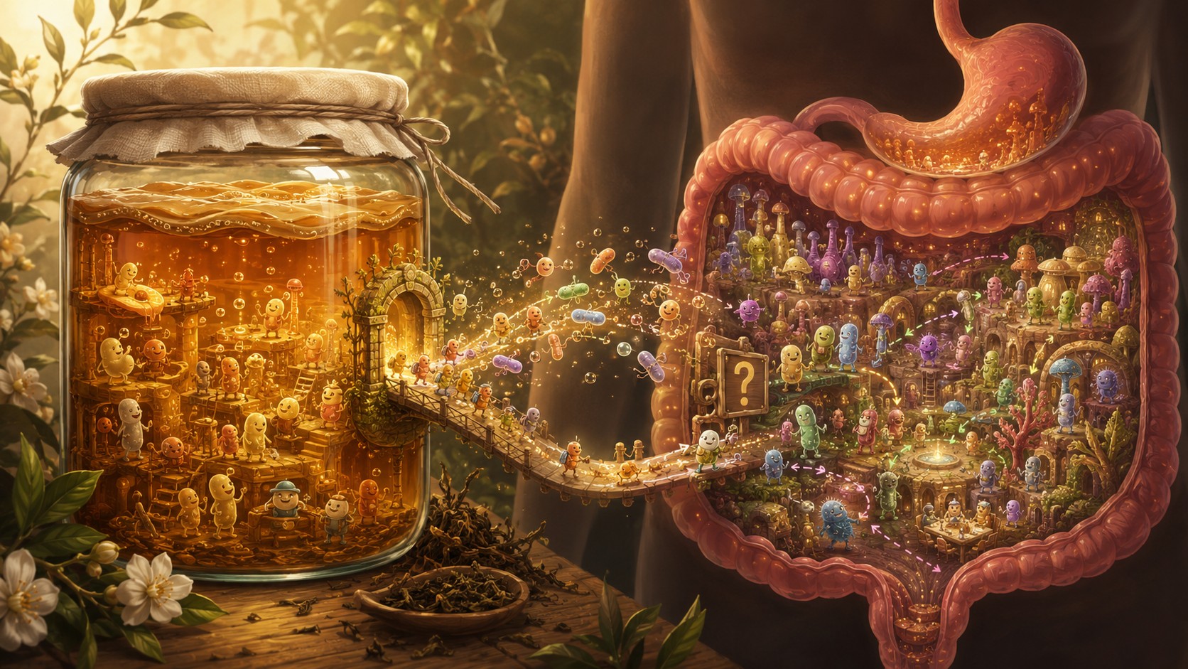 Whimsical scientific illustration connecting the microbial Hidden City in a kombucha jar with the diverse microbial ecosystem of the human digestive tract