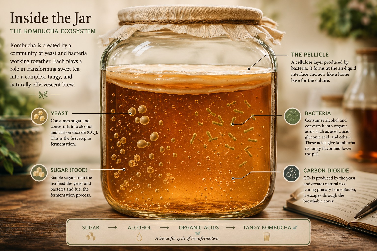 Cutaway illustration of a kombucha jar showing the pellicle, yeast, bacteria, sugar, alcohol, acids, and rising carbon dioxide