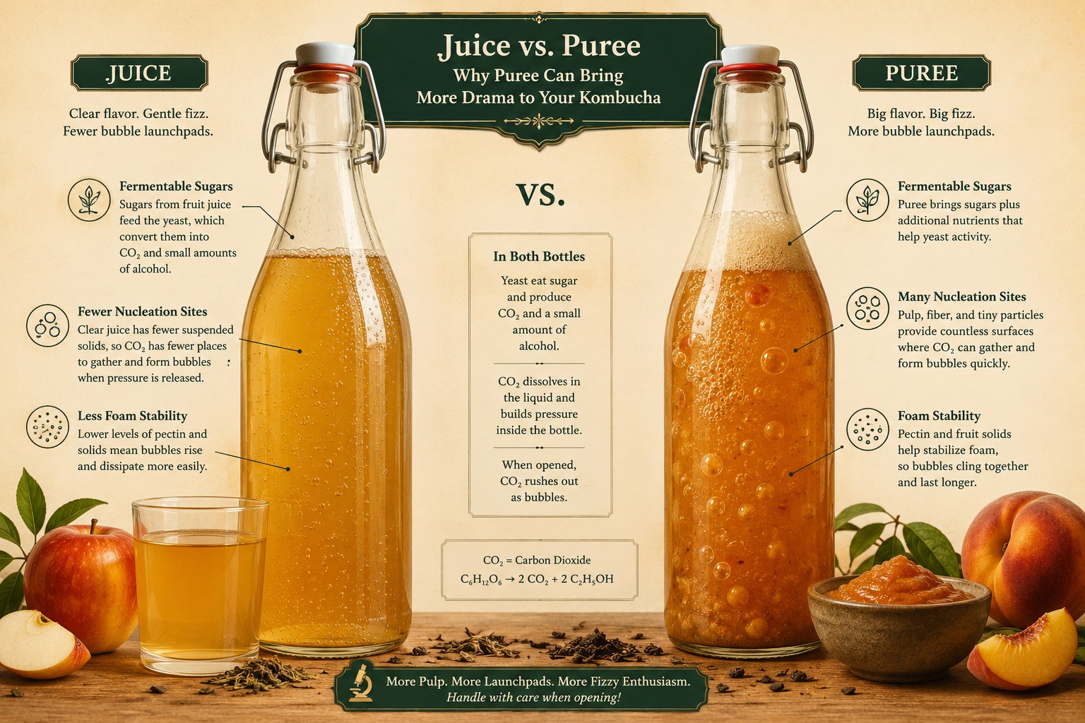 Editorial comparison illustration showing clear juice kombucha and fruit puree kombucha with puree producing more foam and more visible bubble release