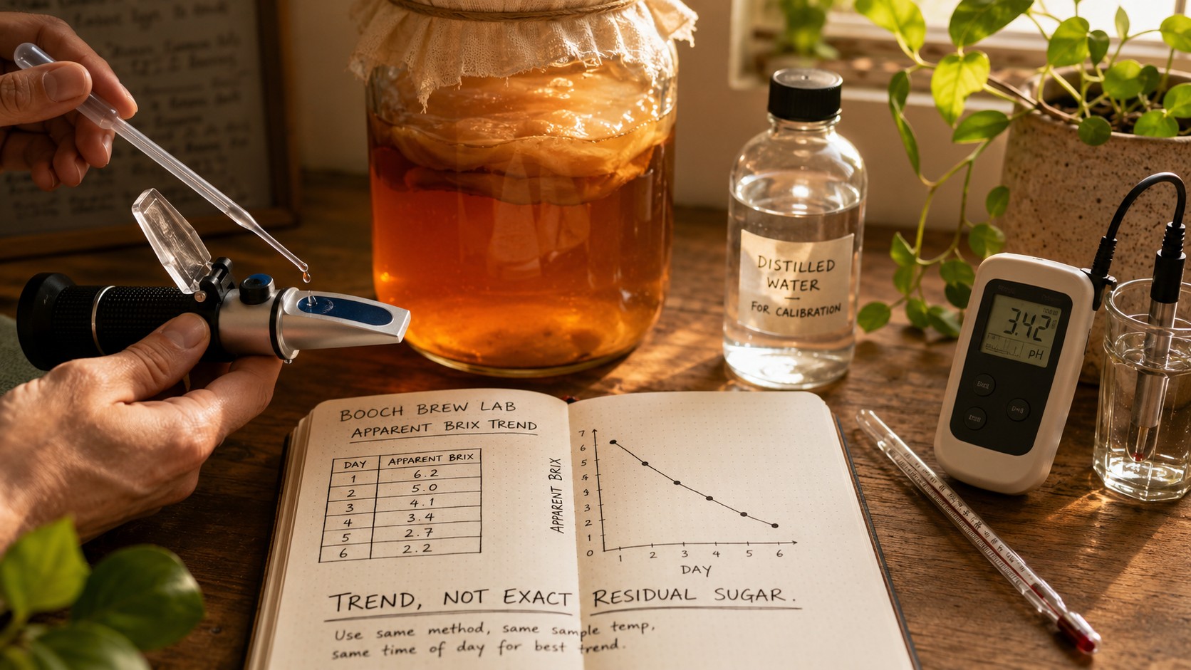 Handheld Brix refractometer beside a kombucha jar, pH meter, pipette, and Brew Lab notebook with readings recorded over several days