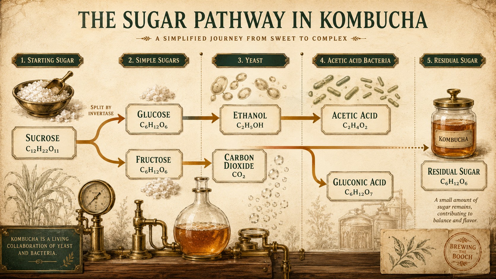 Editorial infographic showing sucrose splitting into glucose and fructose, followed by yeast and bacteria producing carbon dioxide, ethanol, acetic acid, and gluconic acid