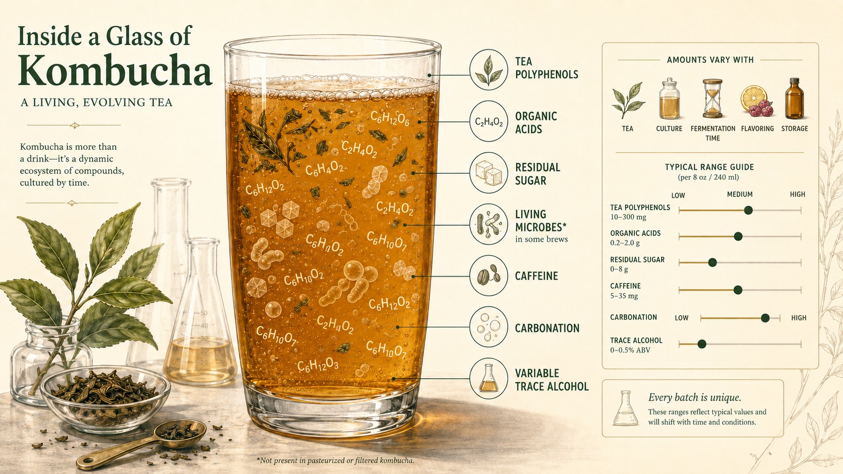 Elegant ingredient map of a glass of kombucha showing tea polyphenols, organic acids, residual sugar, live microbes, caffeine, carbonation, and variable trace alcohol