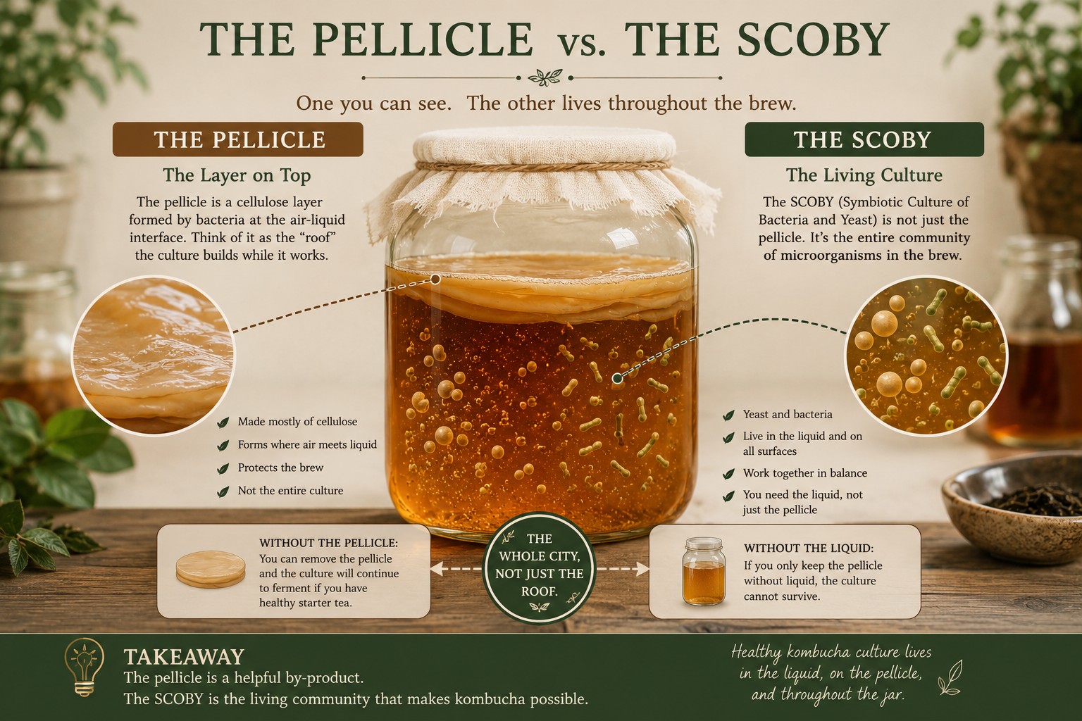 Illustration distinguishing the solid pellicle at the top of a kombucha jar from the living culture distributed throughout the liquid
