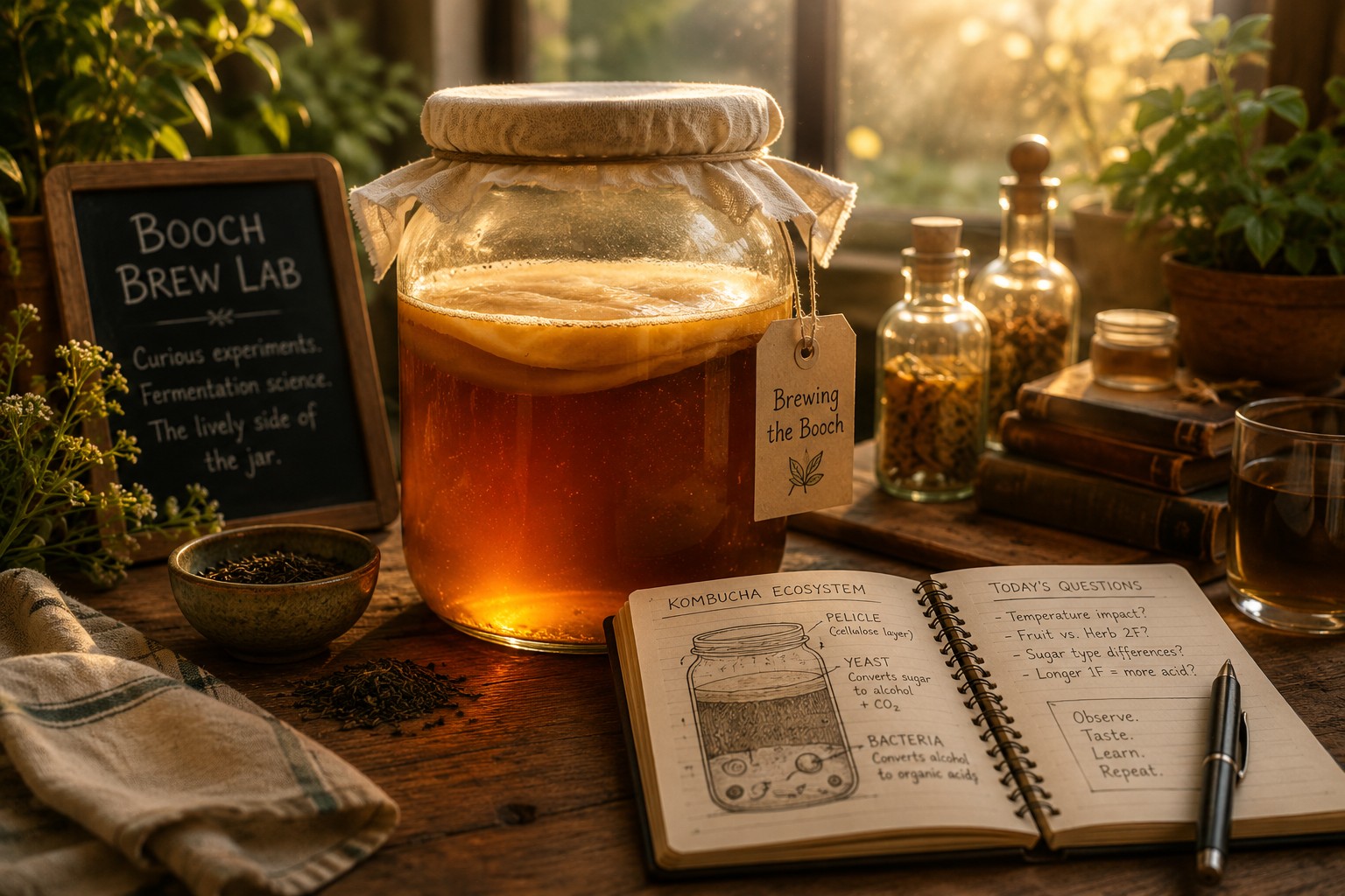 A glowing jar of kombucha fermenting in a warm, botanical brew lab