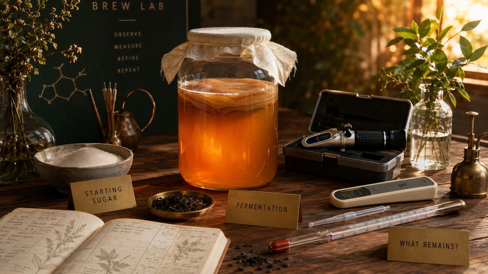 A glowing kombucha jar on a wooden Brew Lab table surrounded by sugar, tea, a refractometer, pH meter, notebook, and botanical details