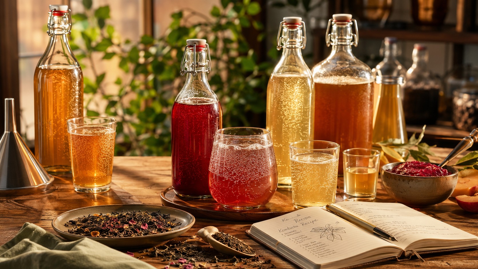 Editorial still life of sparkling bottled kombucha, tea leaves, fruit puree, and brewing tools on a warm wooden brew lab table